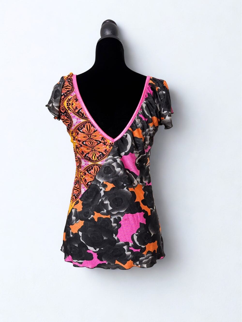 Vtg Y2K Custo Barcelona Floral Print Graphic Fitted Top Pink Glitter Trim